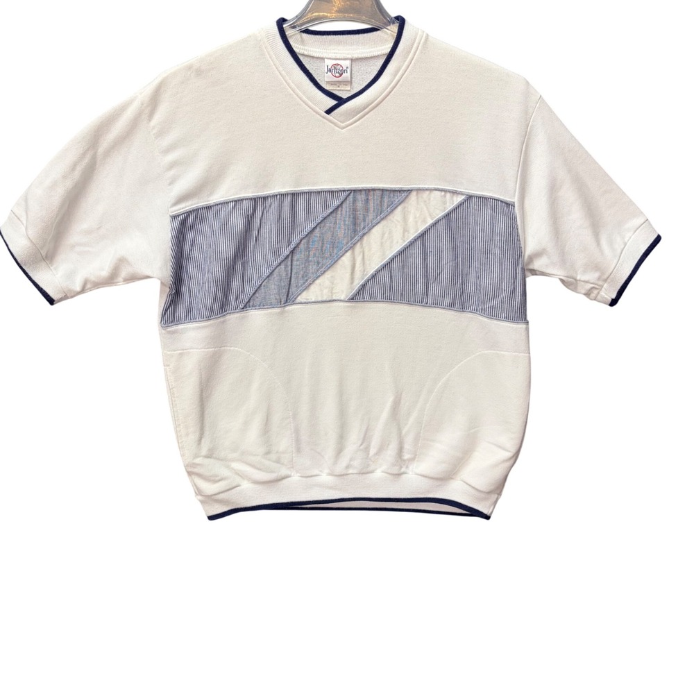 VTG 80s Jantzen Short Sleeve Sweatshirt Mens‎ L White Blue USA Pocket Pullover